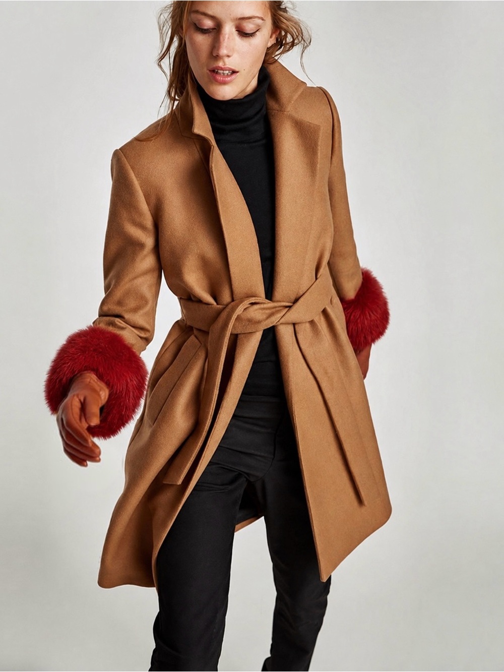 Zara Camel Wool Blend Wrap Long Coat with Red Fur Cuffs Size Large